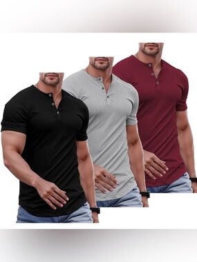 JMIERR Mens Slim Fit Henley Shirts Bundle Black Gray Burgundy Ribbed Stretch Tee